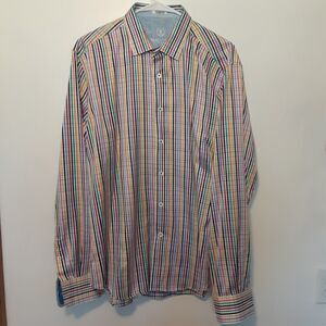 Bugatchi Uomo Button Front Shirt Men's Large Shaped Fit Stripes 100% Cotton